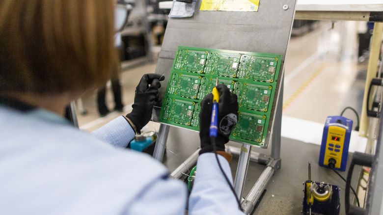 An employee performs quality control checks on Raspberry Pi computers at the Sony UK Technology Centre in Wales in the United Kingdom in February 2024.